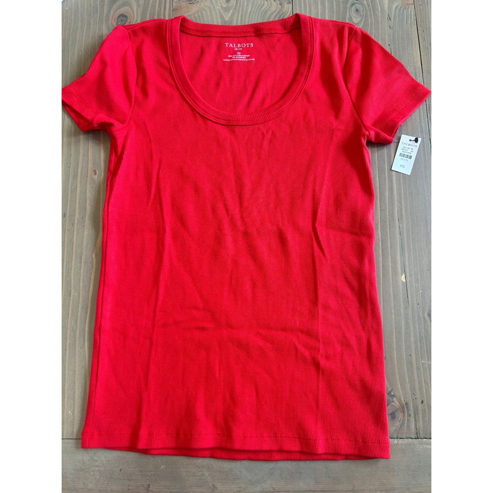 Talbots Petite Red Ribbed Scoop Neck Short Sleeve T-Shirt SP NWT‎